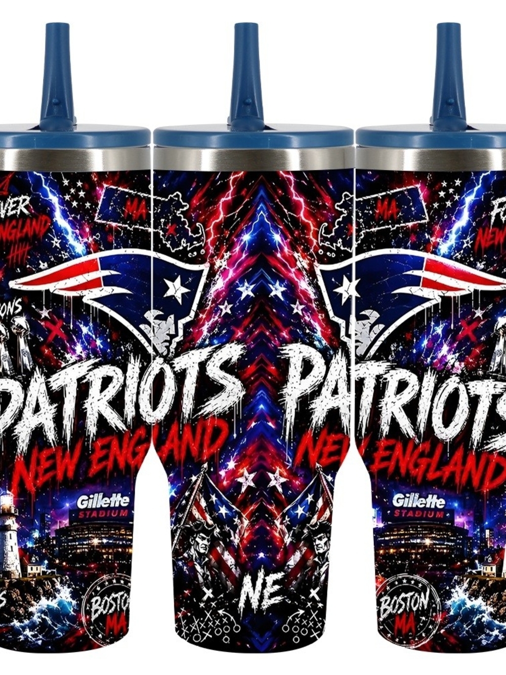 New England Patriots Blue Stainless Tumbler Cup - Flip Top Straw